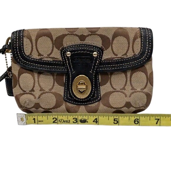 Coach Signature Wristlet Bag Tan Brown Logo Jacquard Black Leather Trim Clutch - Picture 6 of 12